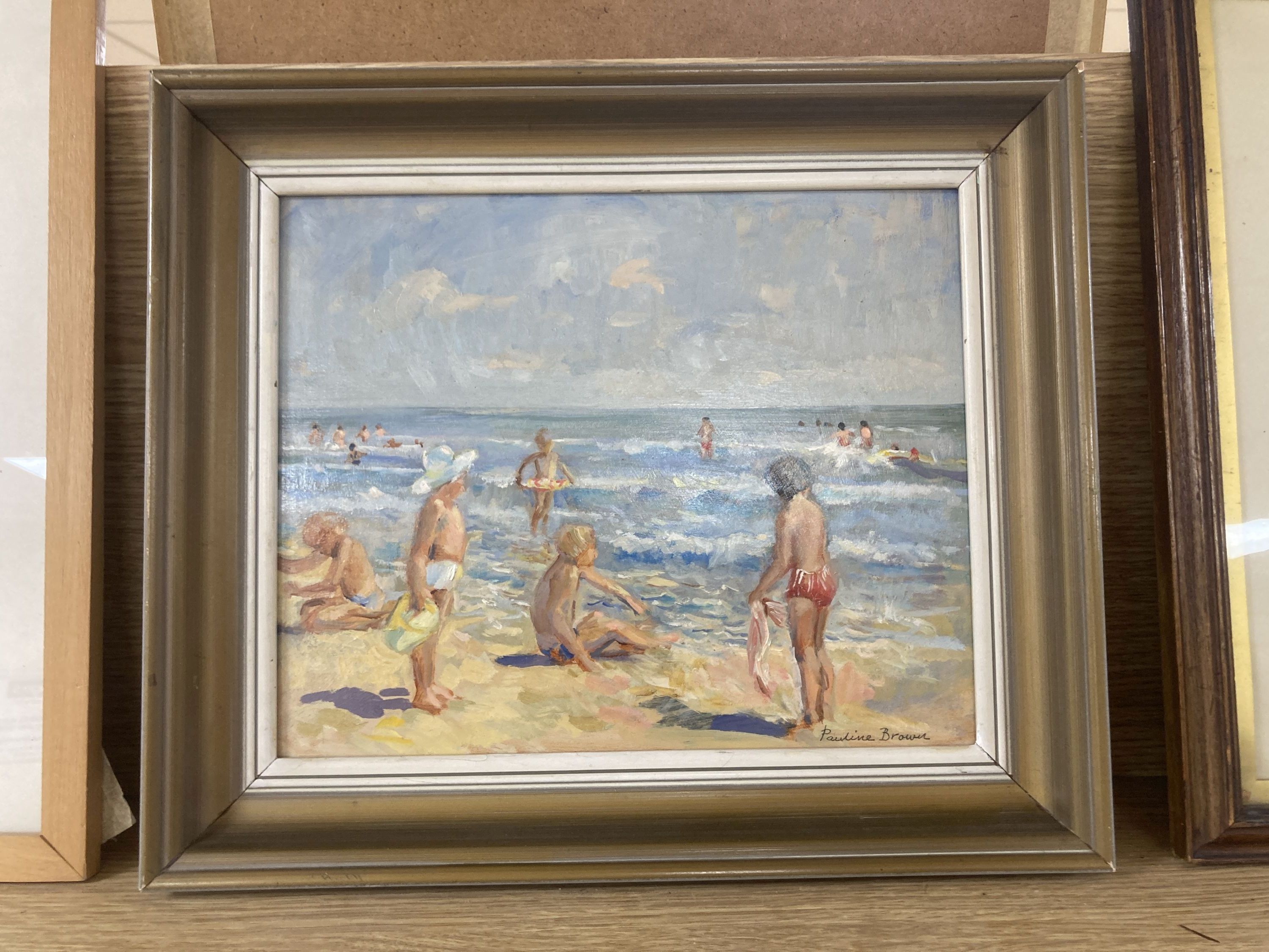 Pauline Brown (9126-), oil on board, Playing by the sea, signed, 23 x 29cm